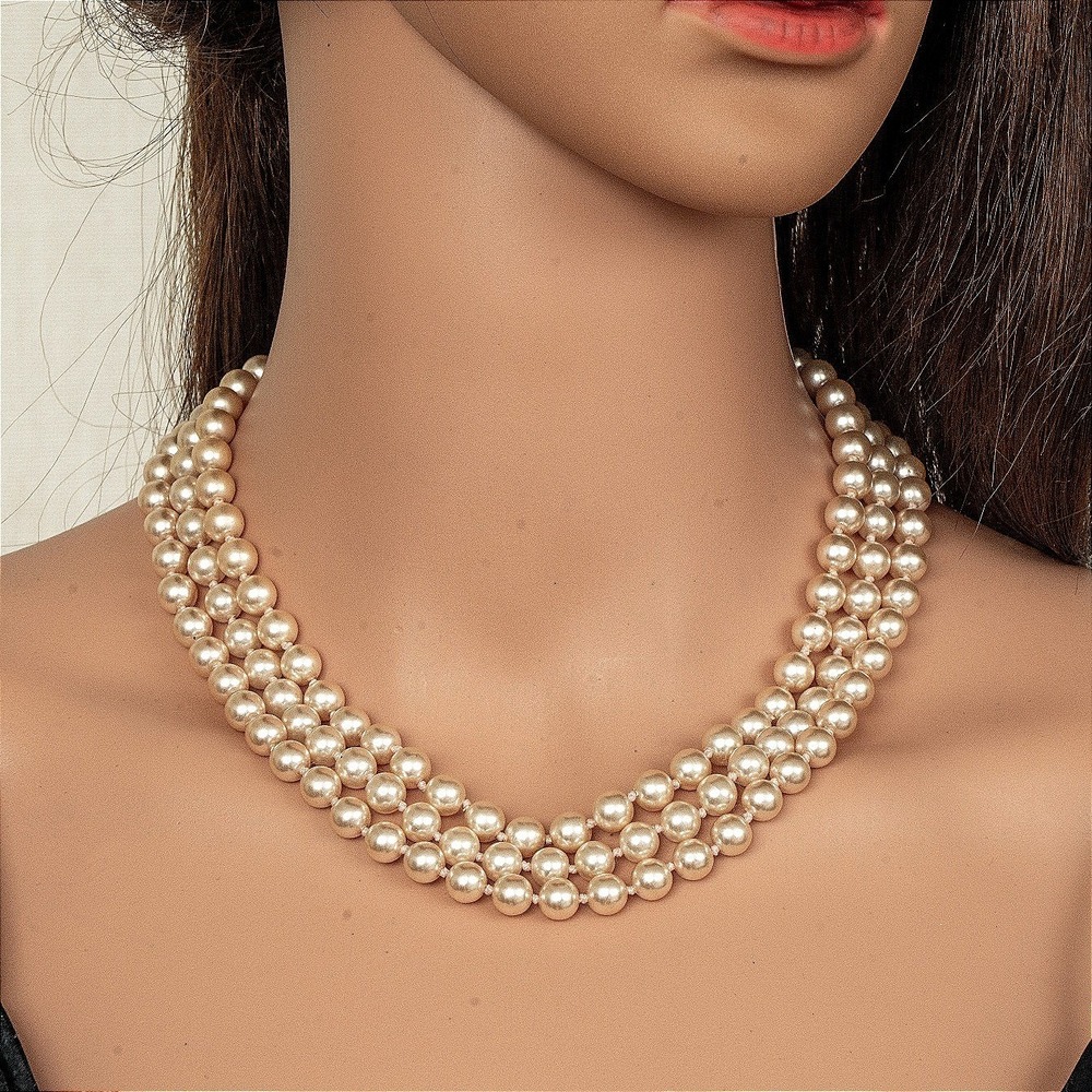 Vintage Style Cream Triple Strand Faux‎ Pearl Necklace Silver Tone Adjustable